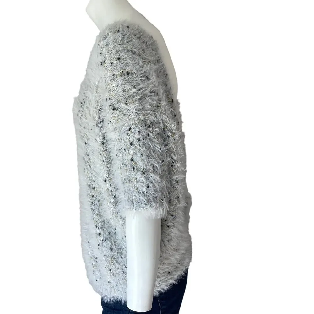 ROFFE Reversible Eyelash Knit Plunge V Neck Short Sleeve Fuzzy Gray Sweater L